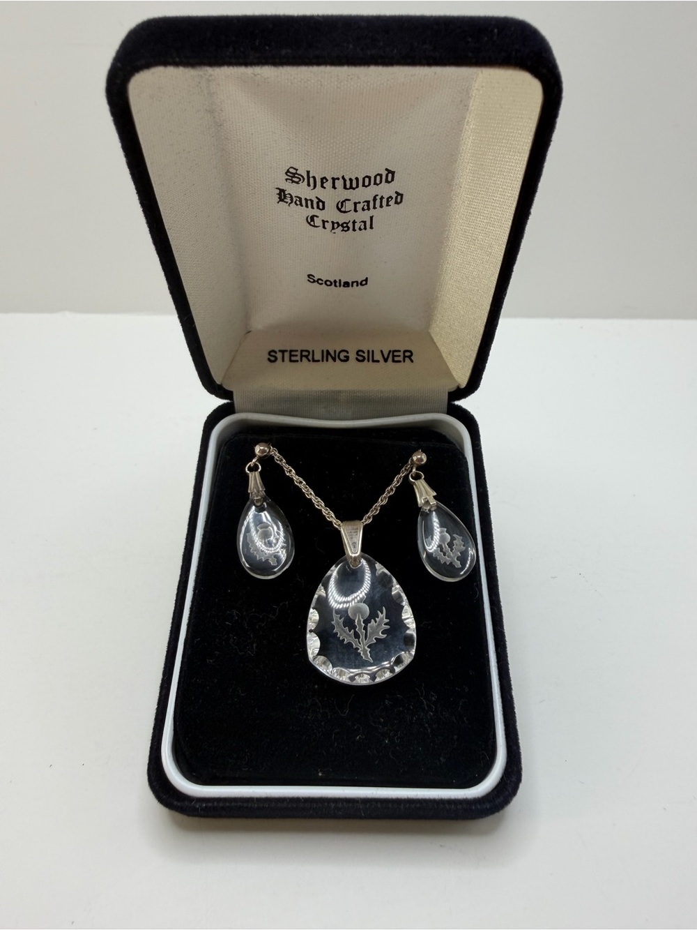 Sherwood Vtg 925 Silver Scottish Thistle Crystal Necklace and Earrings Set